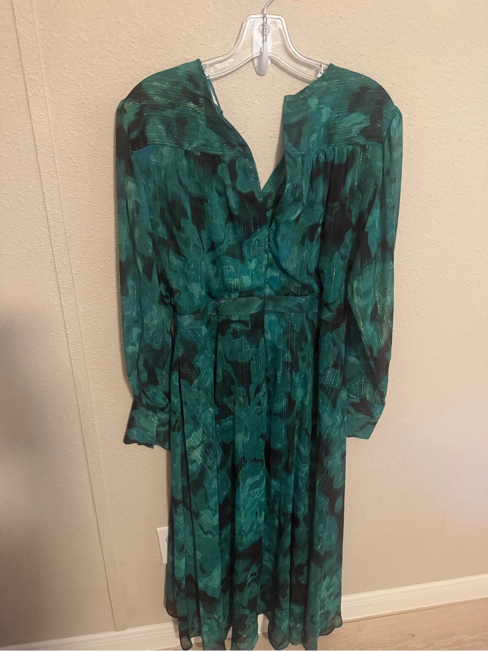 Calvin Klein Teal and Black Long-Sleeve Printed Midi Dress